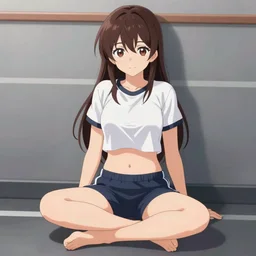 anime girl sitting at the ground, sport t-shirt, visible stomach, sport shorts, full body shot, artstation, kyoani, high resolution, 4k, digital painting by WLOP