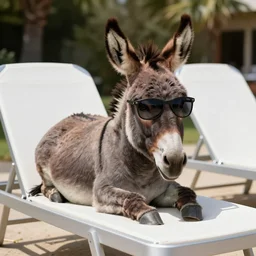 a donkey wearing sunglasses sunbathing on a sun lounger, photorealistic, 8k resolution