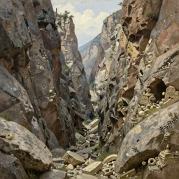 a narrow mountain pass with sheer cliffs and ancient relics, extremely detailed oil painting, unreal 5 render, rhads, sargent and leyendecker, savrasov levitan polenov, bruce pennington, studio ghibli, tim hildebrandt, digital art, landscape painting, octane render, beautiful composition, trending on artstation, award winning photograph, masterpiece