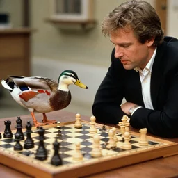 a mallard duck playing chess against gary kasparov and winning!