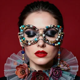 a close up portrait of a woman with dark eye - shadow and red lips with dark slicked back hair, a mask made of wire and beads, dreaming acid - fueled hallucinations, psychedelic by serge lutens, rolf armstrong, delphin enjolras, peter elson, red cloth background, frilled blooming collar