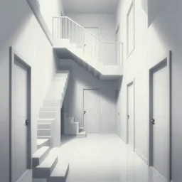“a disorienting white hallway and stairwell with many doors, confusing, creepy, eerie, doors, stairs, dimensions, MC Escher architecture, anime style, detailed background”
