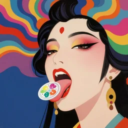 a colorful vibrant closeup portrait of an opera singer licking a tab of lsd acid on her tongue and dreaming psychedelic hallucinations, by kawase hasui, moebius, edward hopper and james gilleard, zdzislaw beksinski, steven outram colorful flat surreal design, hd, 8 k, artstation