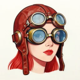 woman wearing old leather aviator helmet and steampunk goggles, red tones, detailed drawing, cartoon artist, flat colors