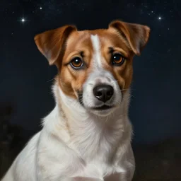 portrait jack russel thinking!!!, star filled night sky, illustrated by peggy fortnum and beatrix potter and sir john tenniel