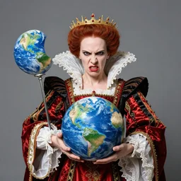angry queen of england holding the earth