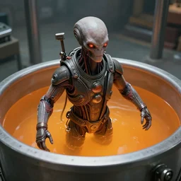 movie still frame, photorealistic, wired guild navigator mutant floating inside orange fluid vat, intricate details, beautiful composition, 8 k, cgi, by ridley scott, james cameron, zack snyder and michael bay