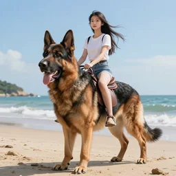 girl riding a giant German shepherd at the beach Highly Detailed, Photorealism, HD quality, 8k resolution, cinema 4d, 3D, unreal engine 5, high quality, beautiful, cinematic —ar 16:9