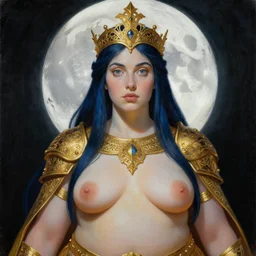 painting of junoesque plump priestess of the moon, golden filigree armor and tiara, moon above head, dark blue straight hair, smooth translucent skin, wide striking eyes, beautiful! coherent! by brom, by brian froud, strong line, high contrast, muted color, 4 k, trending on artstation