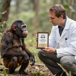 Australopithecus meeting modern scientist, field researcher, proto-human meeting modern human, 2022 photograph, award-winning photo