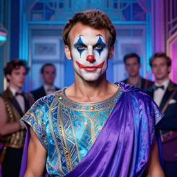portrait of glamor greek god | emmanuel macron | robe | ( ( clown ) ) | paris background | highly detailed | very intricate | professional model | cinematic lighting | painted by donato giancola and mandy jurgens and charlie bowater | bold colors, artdeco, art deco synthwave blue purple pink aesthestic, 8 0's nostalgia | artstation