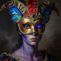 a baroque neoclassicist close - up portrait of a colorful alien being gazing intensely with purple skin big glowing eyes wearing an uv blacklight retrofuturistic venetian carnival mask with iridescent butterfly wings and silk. head, face and shoulders, foggy background. renaissance portrait painting. highly detailed science fiction painting by norman rockwell, frank frazetta, syd mead and moebius. rich colors, high contrast, gloomy atmosphere, dark background. trending on artstation.
