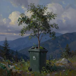 low angle shot of a tree growing inside a trash - can in the foreground. overgrown. soft night - time over the mountains in the background. clouds. highly detailed, cinematic, beautiful, cgsociety, artstation, oil painting by greg rutkowski, by artgerm, by wlop