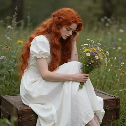 a beautiful red haired melancholic woman in white dress sitting on wooden trunk in a garden holding a bunch of wild flowers, deep focus, d & d, fantasy, intricate, elegant, highly detailed, digital painting, artstation, concept art, matte, sharp focus, 3 d, octane render, hearthstone, well rendered, art by artgerm and greg rutkowski and alphonse mucha