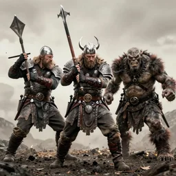 viking marauder fighting against an orc, posed, gritty, beksinski