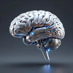 a 3D render of a metallic brain, cyborg cyberpunk with lights and electricity and wires, bokeh, Canon 50mm, cinematic lighting, volumetric light, octane, octane render, redshift render