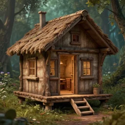 Photorealistic Pixie cabin by Leonardo Da Vinci, Unreal engine, 4k, HD, Detailed, Volumetric Lighting, colored, -step 50
