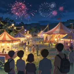 close up group of friends exploring the witchlight carnival, small town, amusement stalls, big top circus tent, summer festival night, cinematic, fireworks, illustration, highly detailed, digital painting, concept art, matte, art by ruan jia and wlop and greg rutkowski and makoto shinkai, masterpiece