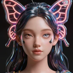 a 3 d model of an exotic beautiful woman with a neon butterfly head, fixed glassed eyes, perfect eyes, perfect symmetrical lips, unreal engine, cinema 4 d, intricate details, 8 k, ultra realistic, super detailed, octane, ray tracing, artstation, beeple, shiny plastic viny look