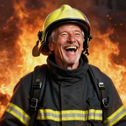 portrait painting of a laughing old man firefighter, laughing out loud, background is flames unreal render cinematic lighting art by bussiere rutkowski andreas rocha
