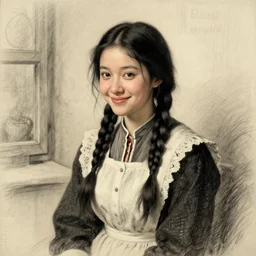 a melancholicly (((smiling)) black haired, young hungarian village maid from the 19th century who ((looks very similar to Lee Young Ae)) with a two french braids, detailed, sketch by Rembrandt, Csók István and da Vinci