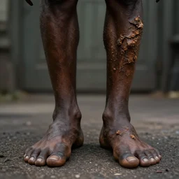 a black person with crust on his face and goblin feet, super detailed, 4 k, realistic
