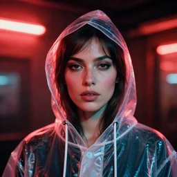 A hyper realistic and detailed head portrait photography of a woman wearing a futuristic transparent raincoat with hoodie. by Annie Leibovitz. Neo noir style. Cinematic. Red neon lights and glow in the background. Cinestill 800T film. Lens flare. Helios 44m.
