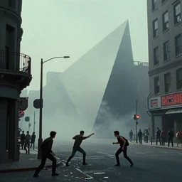 impossible geometry, liminal space, cassette futurism, cosmic horror, people fighting, street fight, atmospheric haze, film. illustration by edward hopper, norman rockwell. film still, 1 6 mm cinematography