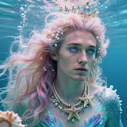 “ jude law portrait, fantasy, mermaid, hyperrealistic, game character, underwater, highly detailed, sharp focus, cinematic lighting, pearls, glowing hair, shells, gills, crown, water, highlights, starfish, jewelry, realistic, digital art, pastel, magic, fiction, ocean, king, colorful hair, sparkly eyes, fish, heroic, god, waves, bubbles, king ”