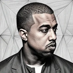 Geometrically surreal Kanye, extremely high detail, photorealistic, intricate line drawings, dotart, album art in the style of James Jean