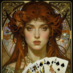 realistic detailed face portrait of the Lloth (dark elf) by Alphonse Mucha, Ayami Kojima, Amano, Charlie Bowater, Karol Bak, Greg Hildebrandt, Jean Delville, and Mark Brooks, Art Nouveau, Neo-Gothic, gothic, playing card suit clubs, black clubs, playing cards, rich deep moody colors