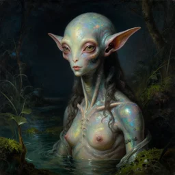 a close - up rococo portrait of an iridescent alien elf - like creature with futuristic features standing in water, moss, and swamp. night time. rich colors, high contrast. gloomy, highly detailed 1 8 th century sci - fi fantasy masterpiece painting by jean - honore fragonard, moebius, and johfra bosschart. artstation