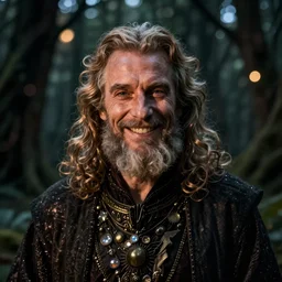 portrait of merlin, the enigmatic, wise, cunningly smiling wizard, in a dark fae forrest. close up, bokeh, rembrandt lighting, low key light, nikon d 7 5 0, hd, ycbcr, lumen reflections, character concept art by akihito yoshida, annibale carracci, camille corot, and ivan shishkin