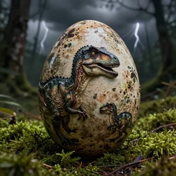a detailed hatched dinosaur egg in a mossy forest during a thunderstorm, glossy, hyperrealistic picture, high detail, professional picture, mysterious, dark colors, high contrast