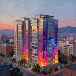 a beautiful very detailed painting of multi - unit residential building building nature city by stanley spencer, san andreas at dawn bladerunner 2 0 4 9 synthwave magic realism lightpaint neon noir nature thermal vision anime, archdaily, wallpaper, highly detailed, trending on artstation.
