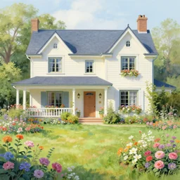 beautiful house with garden full of flowers by Thomas Kinkade