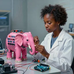 a realistic painting of a black girl scientist constrocting a biohacked pink elephant robot with a lot of button potenciometers cables and wires, display, arduino, diy, biohacking, cyberpunk, biohacking, ultra detailed, ultra realistic, 8 k, chromatic aberration, dof