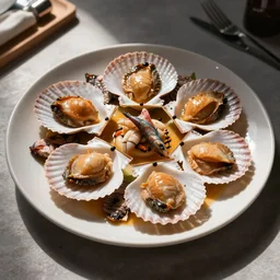 scallops on a plate surrounded by a garnish of dead fish, on a table