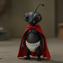 film still of real life nibbler, a small black alien with a single antenna on his head, large eyes and 2 fangs wearing a diaper and red cape in the new scifi movie, 4 k
