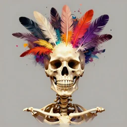 art portrait of skeleton with feathers exploding out of head,8k,by tristan eaton,Stanley Artgermm,Tom Bagshaw,Greg Rutkowski,Carne Griffiths,trending on DeviantArt,face enhance,hyper detailed,minimalist,full of colour,