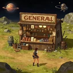 in front of a [ [ [ [ general store ] ] ] ] in a remote outpost, on an alien planet, from a space themed point and click 2 d graphic adventure game, set design slightly inspired by tomb raider, art inspired by [ [ thomas kinkade ] ] and mark keathley and tyler edlin