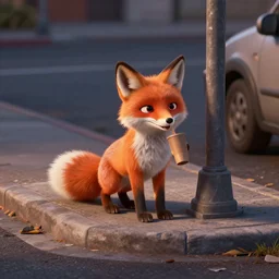 car fox panhandling, 3 d model, concept art, unreal engine, artstation, dirty street corner, photorealistic, evening light, dynamic shadows, 4 k