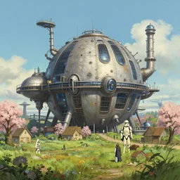 a beautiful science fiction factory with spherical design by starwars and army in the french countryside during spring season, highly detailed painting by studio ghibli hd and louis remy mignot hd and leyendecker hd, nice afternoon lighting, smooth tiny details, soft and clear shadows, low contrast, perfect