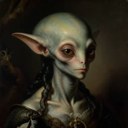 a dark close - up rococo portrait of an alien spriggan creature. dark organic surroundings. 1 8 th century science fiction painting by jean - honore fragonard, moebius, and stanislaw fernandes.