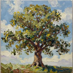 oil paint impasto reliefs of looking up at a large sunny oak tree, through to beautiful clouds, thick heavy painterly style using a palette knife - i