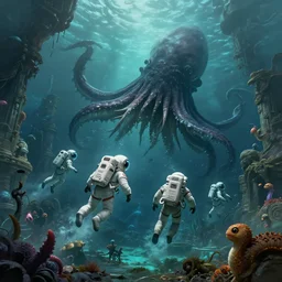 Astronauts and some mythical animals are under the sea, they are swimming away from the giant kraken, the kraken is behind chasing them, this is an extravagant planet with wacky wildlife, the background is full of ancient ruins, the ambient is dark with a terrifying atmosphere, by Jordan Grimmer digital art, trending on Artstation,