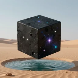 a cube of space water floating in the middle of an empty desert, black cube, colorful stars inside the cube, extremely detailed digital art, ominous, artgem, breathtaking, smooth, award winning