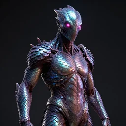 Humanoid Bandit with Iridescent scales and glowing pink eyes. Photography, Ultra Realistic, 4K, Unreal Engine