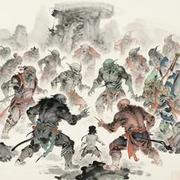 many alien monsters are fighting with chinese immortals, traditional chinese ink painting.