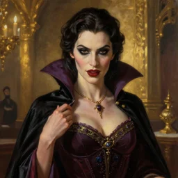 portrait brunette vampire, Captivating, regal, high society, New Tales of the Vampires character, atmospheric lighting, painted, menacing, intricate, volumetric lighting, beautiful, rich deep colours masterpiece, golden hour, sharp focus, ultra detailed, by Leesha Hannigan, Ross Tran, Thierry Doizon, Kai Carpenter, Ignacio Fernández Ríos